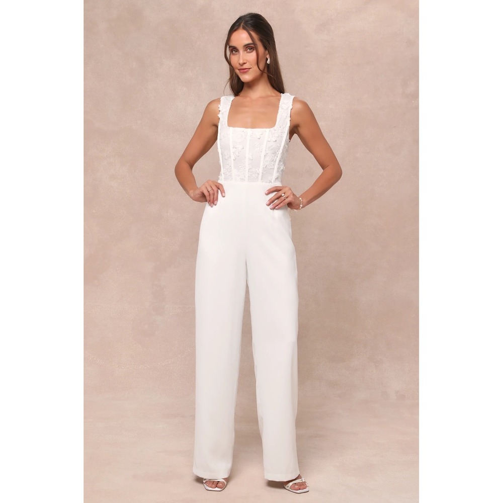 Lulu's White Floral Lace Corset Jumpsuit Wide Leg Bridal  Sleeveless Size‎ Small